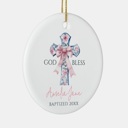 Meisje Doop Kruis Bow Keepsake God Bless Custom Keramisch Ornament (Rechts)