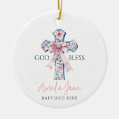Meisje Doop Kruis Bow Keepsake God Bless Custom Keramisch Ornament (Voorkant)