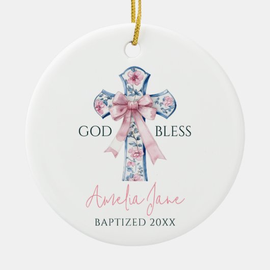 Meisje Doop Kruis Bow Keepsake God Bless Custom Keramisch Ornament (Voorkant)