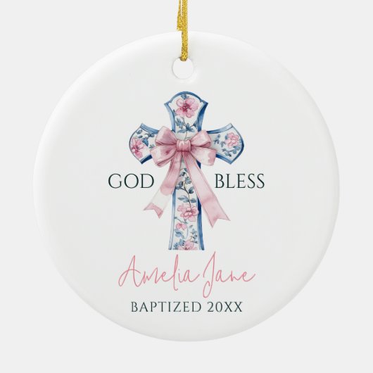 Meisje Doop Kruis Bow Keepsake God Bless Custom Keramisch Ornament (Achterkant)