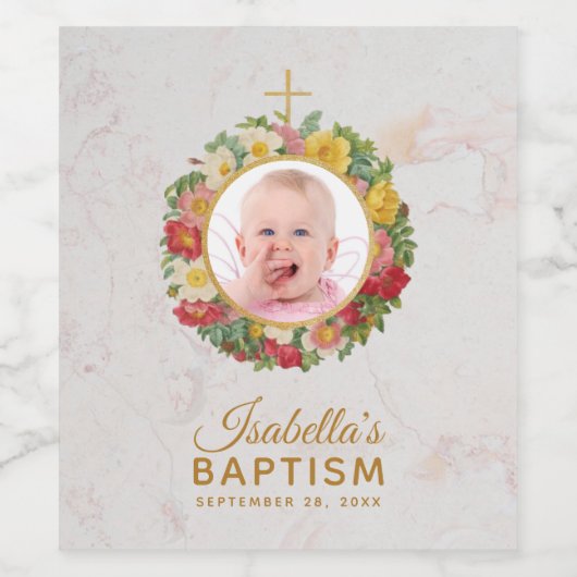 Meisje doop marmeren foto in Roos krans bloemig Wijn Etiket (Enkel label)