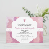 Meisje doop of eerste communie nodigen roze paarse kaart (Staand voorkant)