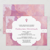 Meisje doop of eerste communie nodigen roze paarse kaart (Voorkant / Achterkant)