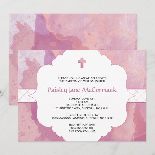 Meisje doop of eerste communie nodigen roze paarse kaart (Voorkant / Achterkant)