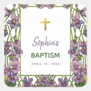 Meisje Doop Paarse Bloemen Paars Groen Goud Kruis Vierkante Sticker