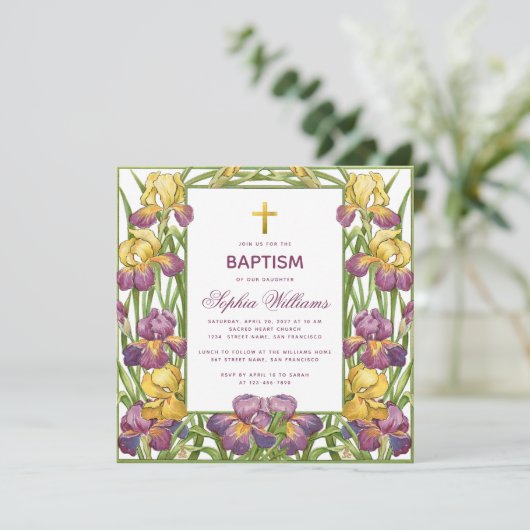 Meisje Doop Paarse Gele Iris Gouden Kruis Bloemen Kaart (Staand voorkant)