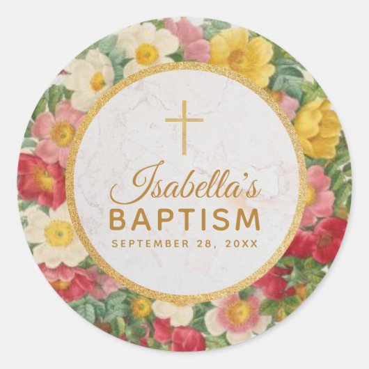 Meisje Doop Roos Krans Bloemen Gouden Kruis Ronde Sticker (Voorkant)