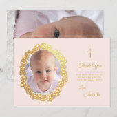 Meisje Doop Roze Faux Gouden Foto in Bloemenkrans Bedankkaart (Voorkant / Achterkant)