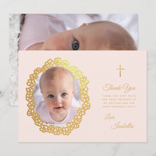 Meisje Doop Roze Faux Gouden Foto in Bloemenkrans Bedankkaart (Voorkant / Achterkant)