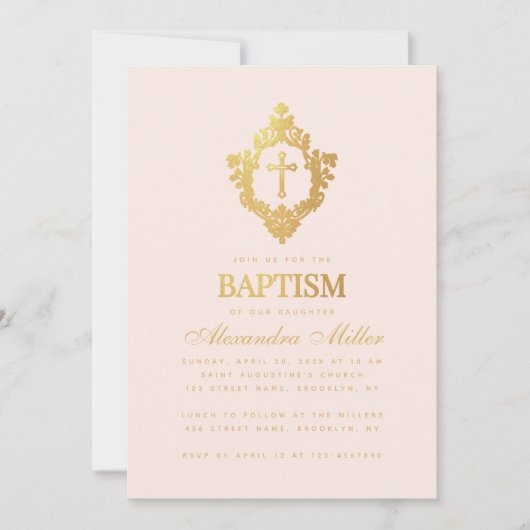 Meisje Doop Roze Faux Gouden Kruis in Crest Blush Kaart (Voorkant)