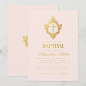 Meisje Doop Roze Faux Gouden Kruis in Crest Blush Kaart (Voorkant / Achterkant)