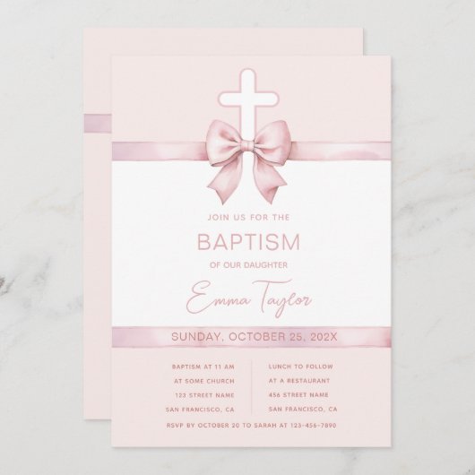 Meisje Doop Roze Lint Boog & Kruis Doop Kaart (Voorkant / Achterkant)