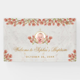 Meisje Doop Roze Magnolia Gouden Calligrafie Foto Spandoek