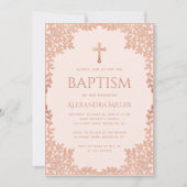 Meisje Doop Roze Rose Goud Elegante  Bladeren Kaart (Voorkant)