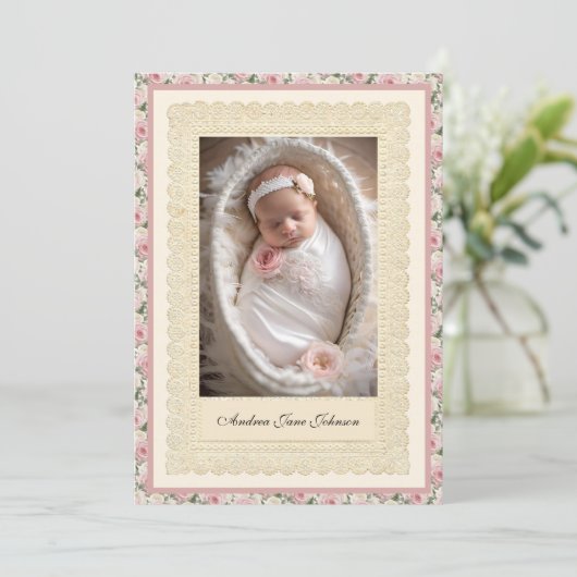  meisje doop roze rozen foto kaart (Staand voorkant)