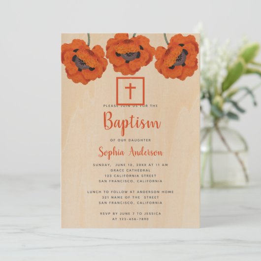 Meisje Doop Rustiek Rode Poppies Bruin Hout Script Kaart (Staand voorkant)