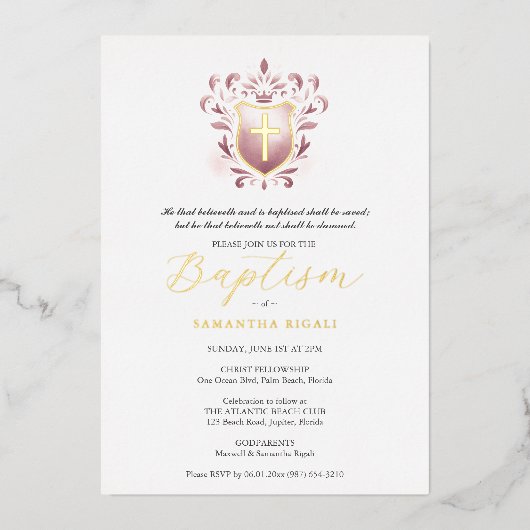 Meisje Doop Uitnodiging Dusty Roos Crest (Voorkant)