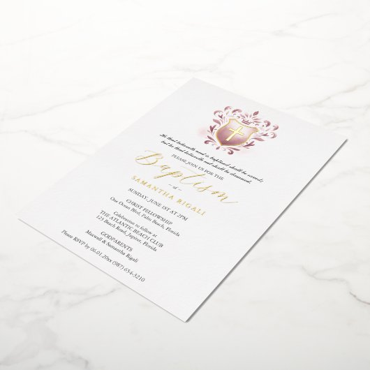 Meisje Doop Uitnodiging Dusty Roos Crest (Gedraaid)