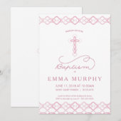 Meisje Doop Uitnodiging - Fancy Roze Kruis Uitnodi (Voorkant / Achterkant)