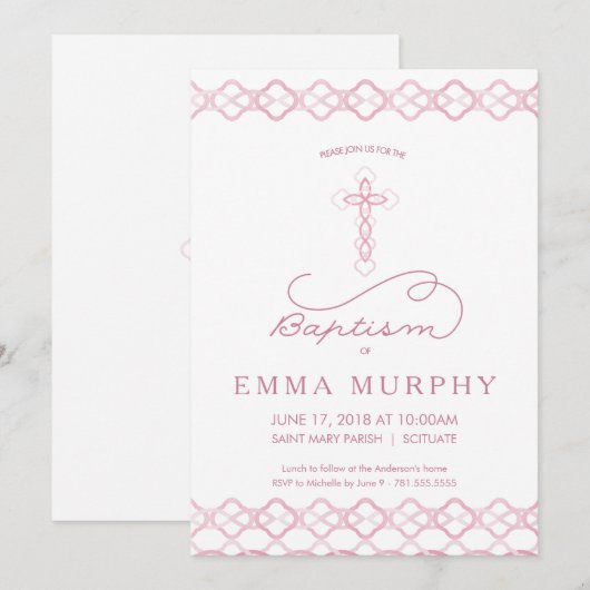 Meisje Doop Uitnodiging - Fancy Roze Kruis Uitnodi (Voorkant / Achterkant)