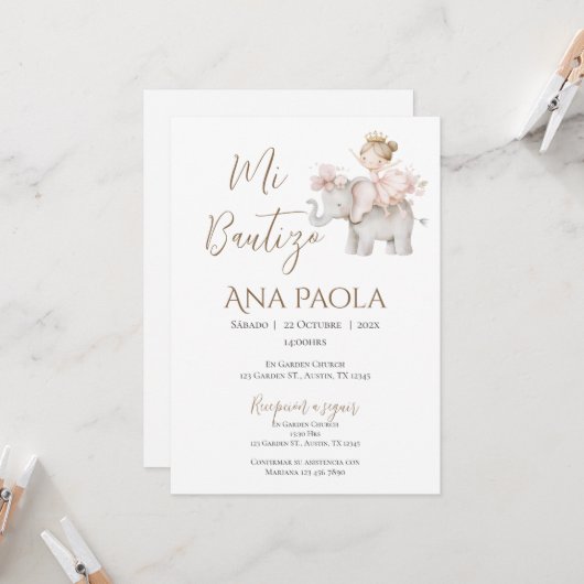 Meisje Doop Uitnodiging in het Spaans Boho (Voorkant / Achterkant in situ)