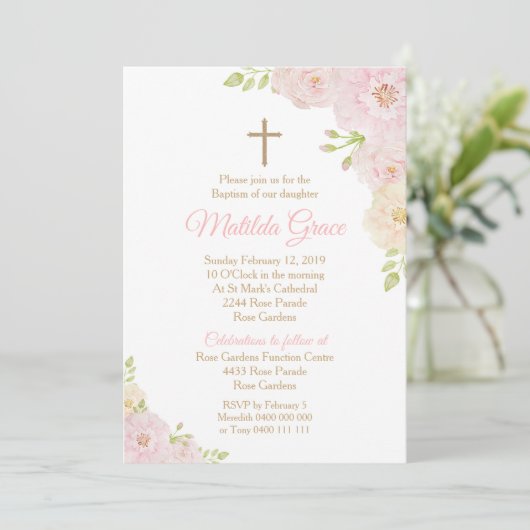Meisje Doop Uitnodiging Roos Doopuitnodiging (Staand voorkant)