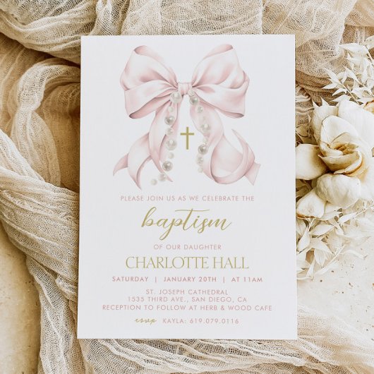 Meisje Doop Uitnodiging, Roze Boog Eerste Communie Kaart