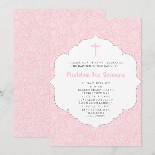 Meisje doop uitnodiging | trendy roze damast (Voorkant / Achterkant)