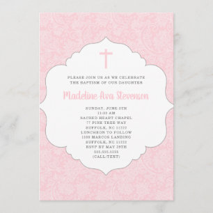 Meisje doop uitnodiging trendy roze damast