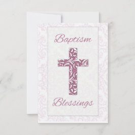 Meisje Doop Zegeningen Roze Kruis Damast Krullen Bedankkaart