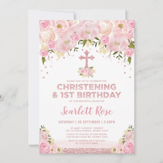 Meisje doopsel 1e Verjaardag Roos Gouden Blush Kaart (Voorkant)
