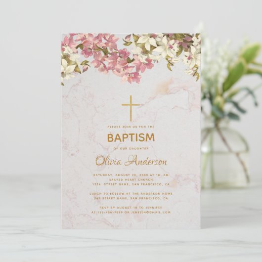 Meisje Dop Bloemen Roze Orchideeën Goud Kruis Marm Kaart (Staand voorkant)