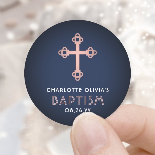 Meisje Dop Elegant Cross Navy en Roze Rose Gold Ronde Sticker