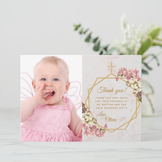 Meisje Dop Gouden Kruis Marmer Roze Witte Orchidee Bedankkaart (Staand voorkant)