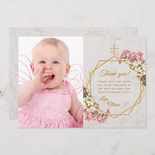 Meisje Dop Gouden Kruis Marmer Roze Witte Orchidee Bedankkaart (Voorkant / Achterkant)