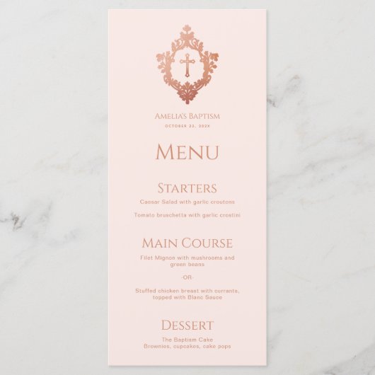 Meisje Dop Roze Crest Roos Goud  Kruis Menu (Voorkant)