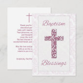 Meisje Dop Zegeningen Roze Kruis Damast Swirls Bedankkaart (Voorkant / Achterkant)