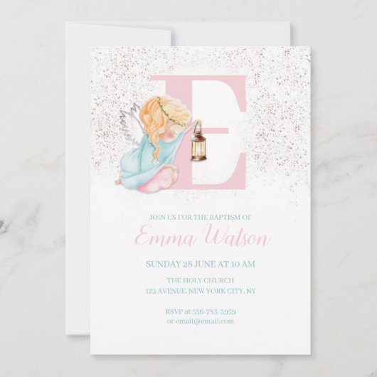 Meisje Dopen Roos Gouden Engel Initiaal Uitnodigin Kaart (Voorkant)