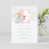 Meisje Dopen Roos Gouden Engel Initiaal Uitnodigin Kaart (Staand voorkant)