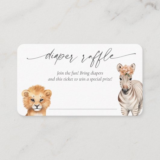 Meisje douche luier loterij ticket, safari dieren informatiekaartje (Voorkant)