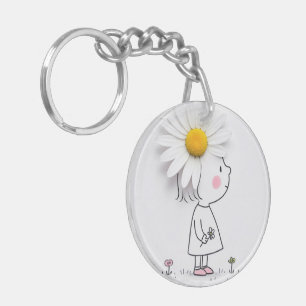 Meisje draagt een witte madeliefje op haar hoofd sleutelhanger
