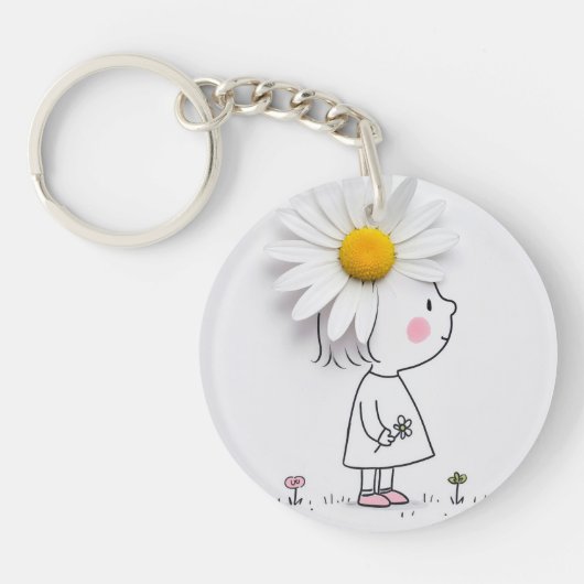 Meisje draagt een witte madeliefje op haar hoofd sleutelhanger (Voorkant)