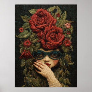 Meisje Dragen Goggles en Rozen Borduurwerk Kunst Poster