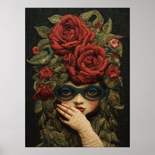 Meisje Dragen Goggles en Rozen Borduurwerk Kunst Poster (Voorkant)