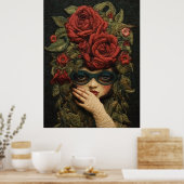 Meisje Dragen Goggles en Rozen Borduurwerk Kunst Poster (Keuken)