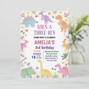 Meisje Drie Rex Dinosaur 3e Verjaardag Kaart