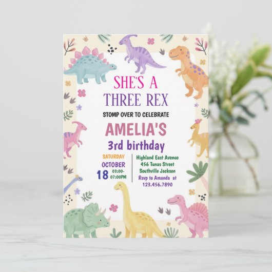 Meisje Drie Rex Dinosaur 3e Verjaardag Kaart (Staand voorkant)
