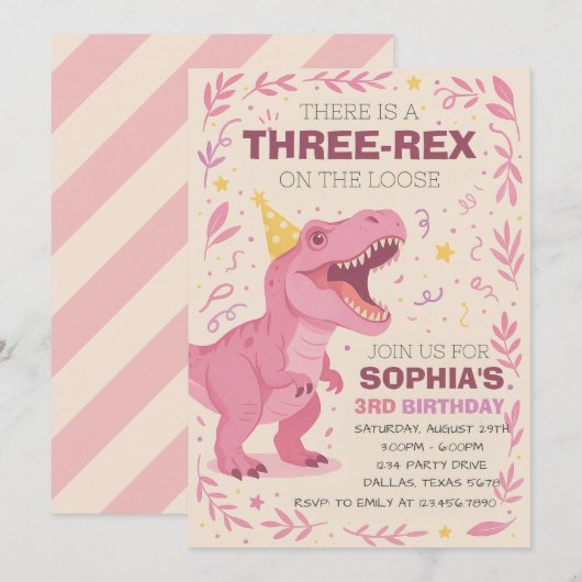 Meisje Drie-Rex Dinosaur Verjaardag Kaart (Voorkant / Achterkant)
