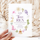 Meisje drie rex dinosaurus 3e verjaardag uitnodigi kaart