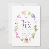 Meisje drie rex dinosaurus 3e verjaardag uitnodigi kaart (Voorkant)